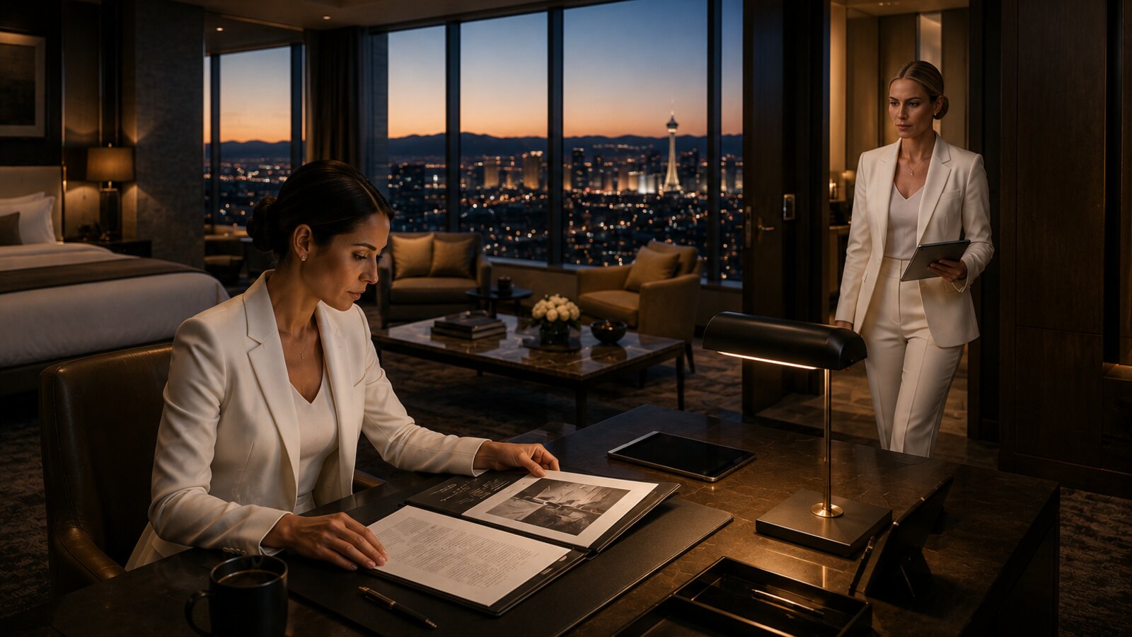 An executive suite briefing before a program
