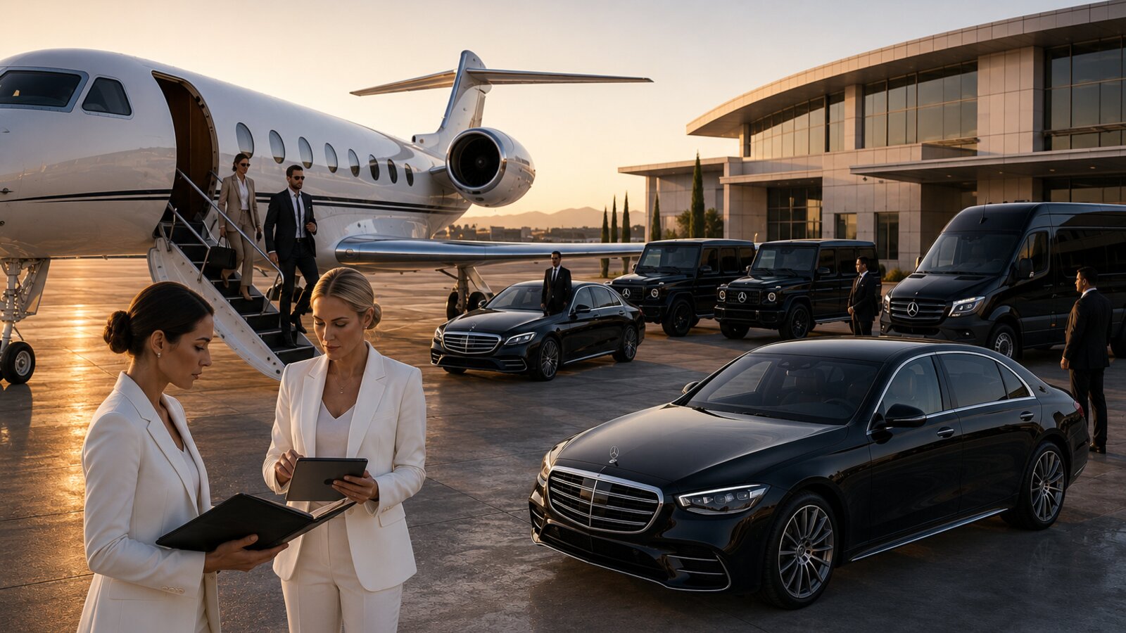 Ground staff coordinating a private aviation arrival